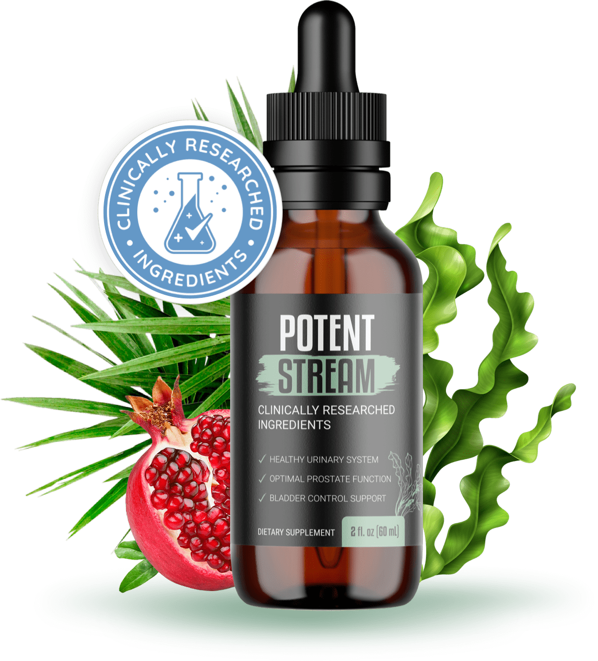 Potentstream1Bottle with promogranate and leaves